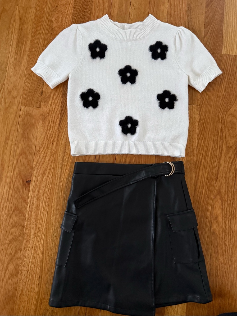 Cynthia Rowley White Sweater with Black Floral Appliqués & Faux Leather Skirt